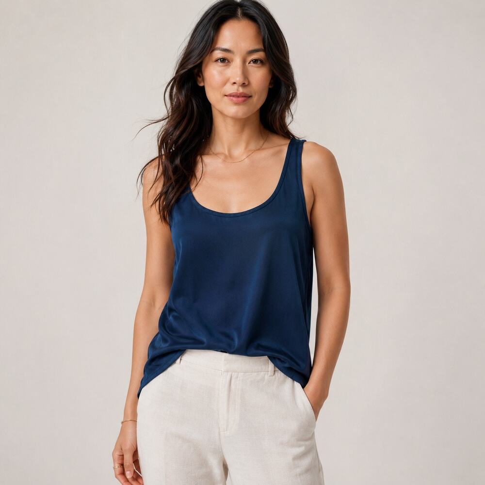 EILEEN FISHER Silk Stretch Tank Top Womens S Navy Blue Scoop Neck Minimalist